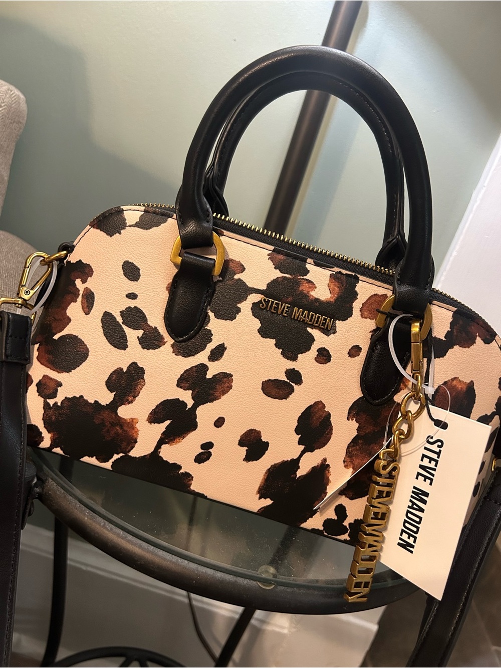 Steve Madden Black & Tan Cow Print Dome Crossbody Satchel - Picture 2 of 7